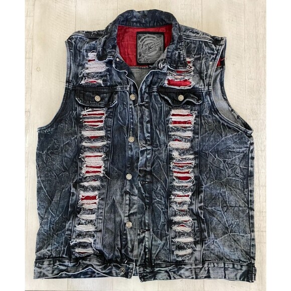 Vtg 1738 Denim Vest Jacket Cotton 3XL Biker Rockabilly Black Shredded Acid Wash - Picture 1 of 8
